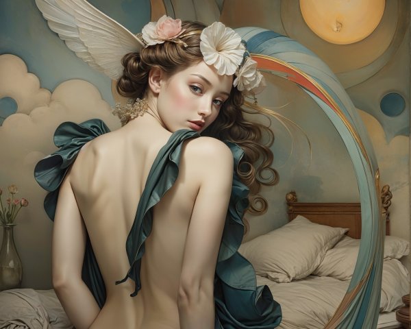 Young woman with wings in ethereal teal gown