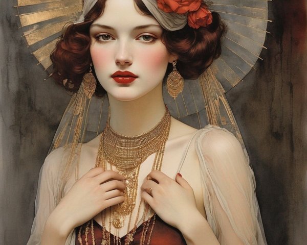 Illustration of woman with halo in white head wrap and flowing dress.