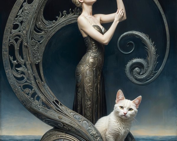 Regal figure in ornate gown with white cat and abstract background