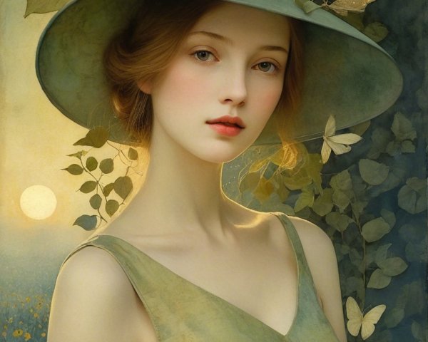 Serene Portrait of Woman in Green Hat with Nature Elements