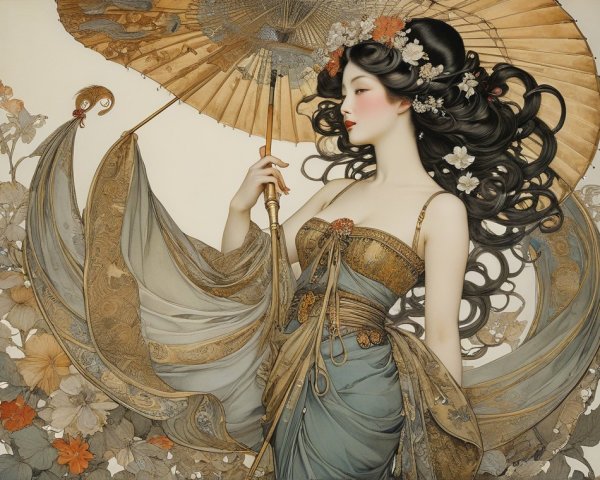 Elegant Woman in Traditional Gown with Umbrella