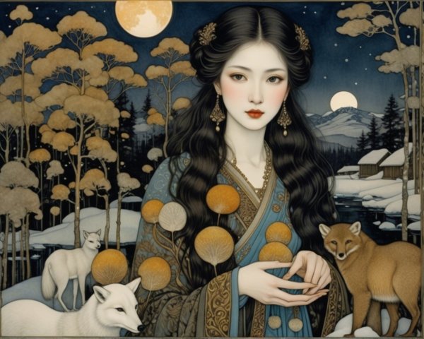 Young Woman in Blue Robe in Winter Landscape with Foxes