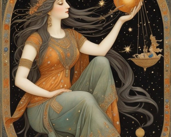 Serene Woman in Cosmic Setting with Glowing Planet