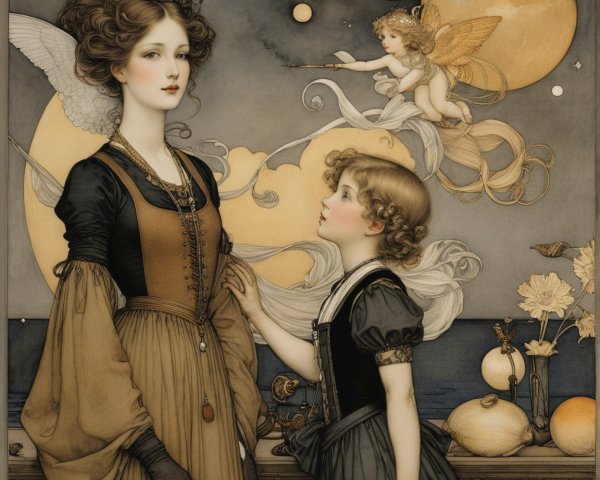Serene scene of woman and girl in dreamlike setting