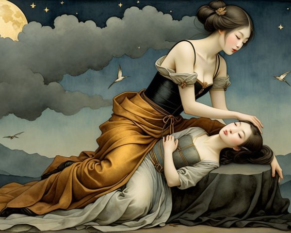 Intimate Moment Between Two Women Under Moonlight