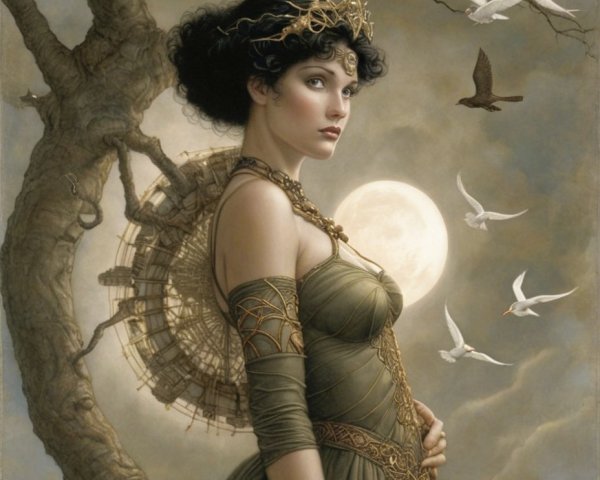 Ethereal Artwork of Woman in Olive-Green Gown