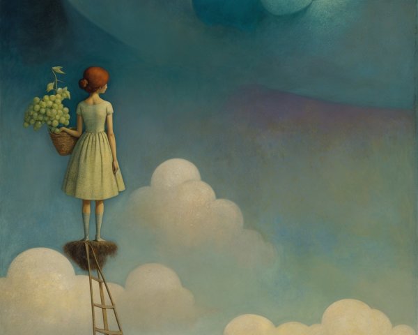 Girl in Pastel Dress on Ladder with Grapes and Sky
