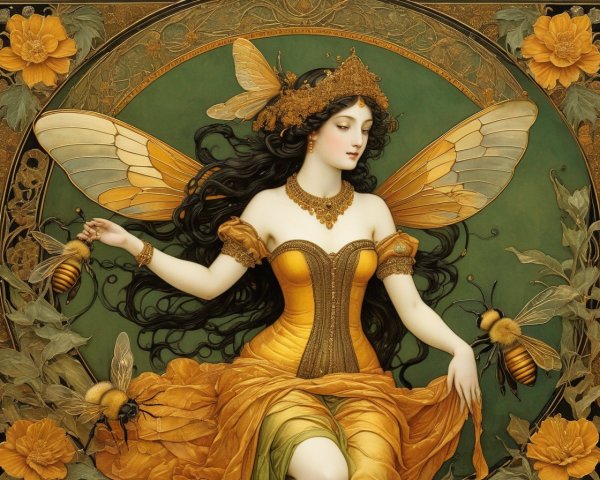 Winged Female Figure in Golden Attire with Bees and Flowers