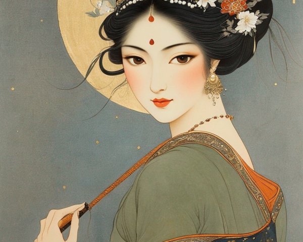 Illustration of a woman with flowers and moonlit backdrop