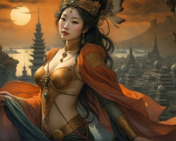 Majestic Female Figure in Golden Armor at Sunset