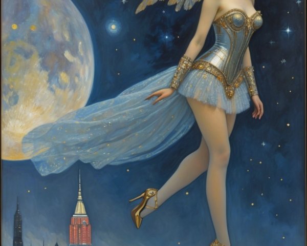 Fairy Figure Against Starry Night Sky and City Skyline