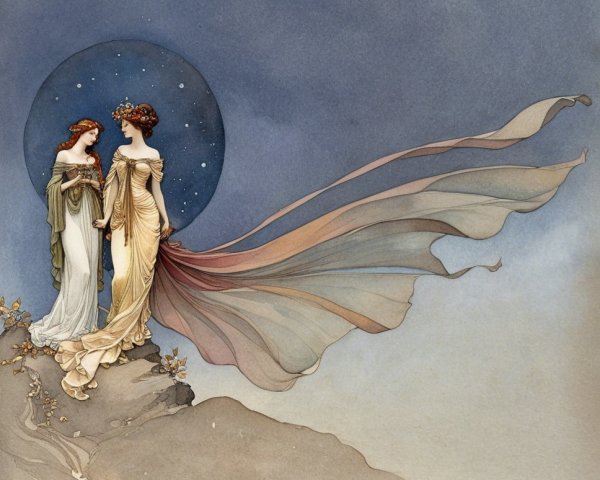Elegant women in gowns under a starry night sky