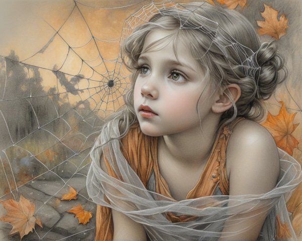 Young girl in autumn leaves with spider web details