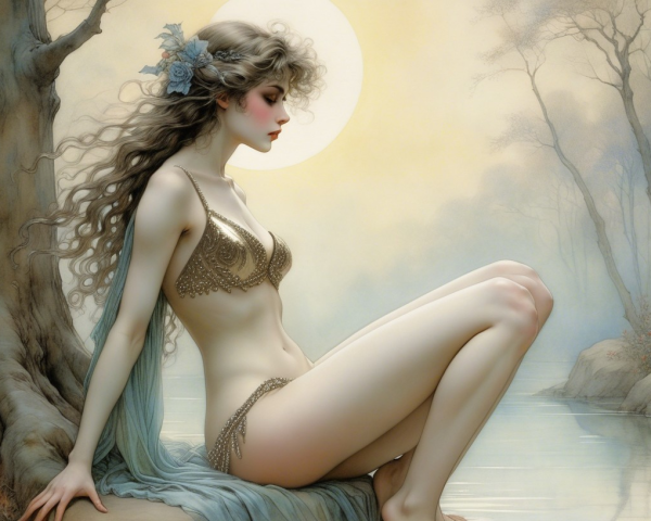 Young woman in gold bikini by gnarled tree and moon