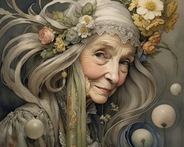 Elderly Woman with Floral Crown and Gentle Smile