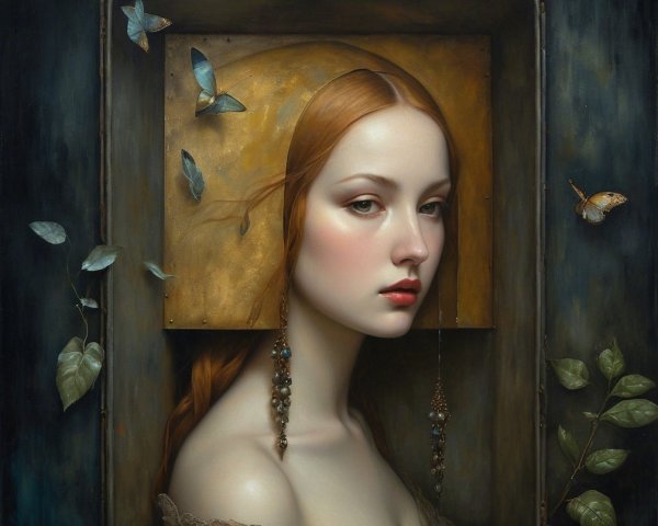 Portrait of a Young Woman with Red Hair and Butterflies