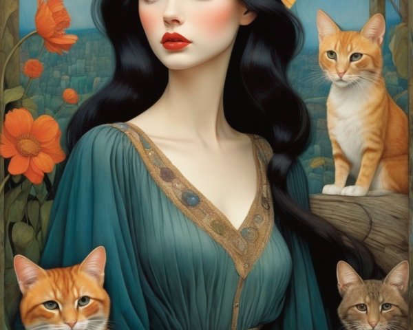 Serene Woman in Green Gown Surrounded by Orange Cats