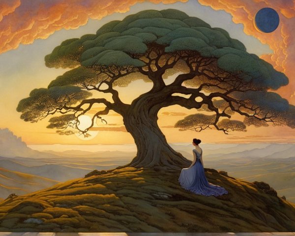 Serene Landscape with Tree and Woman at Sunset