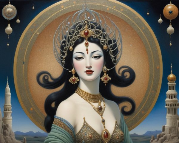 Styled Woman in Opulent Jewelry and Mystical Setting