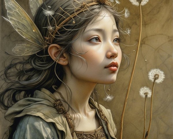 Whimsical Fairy Girl with Butterfly Wings and Dandelions