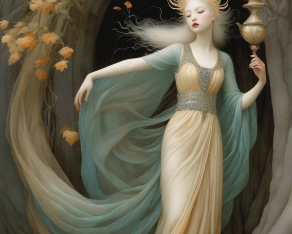 Mystical woman in flowing garments by tree with cup and autumn leaves