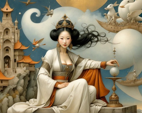 Serene Woman with Globe and Majestic Castle Scene