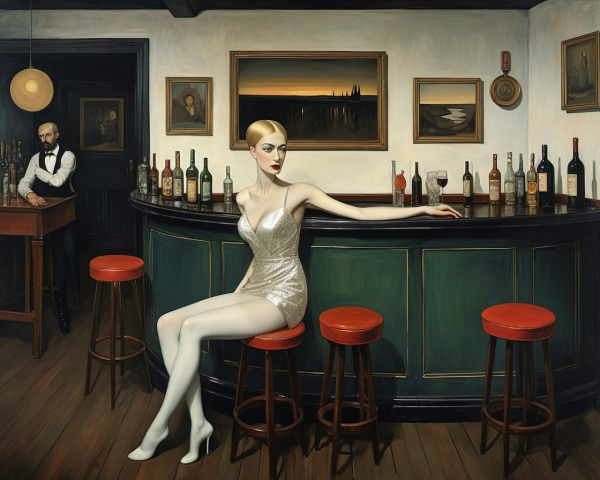Glamorous Woman in Silver Dress at Vintage Bar