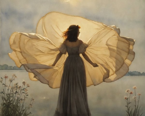 Young woman in pastel gown by serene lake at sunrise