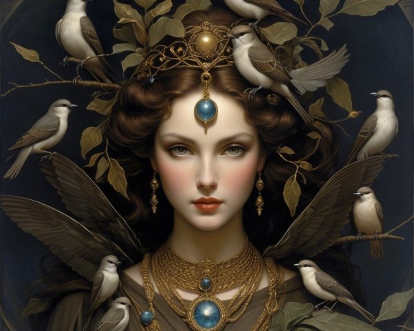 Woman with Crown and Jewelry Surrounded by Birds