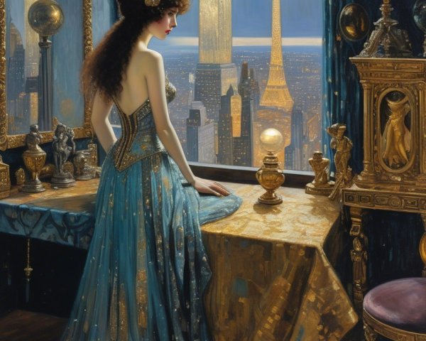 Elegant Woman in Luxurious Room with Eiffel Tower View