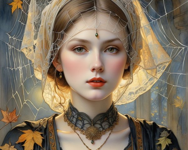Young woman in ornate dress with spiderweb veil