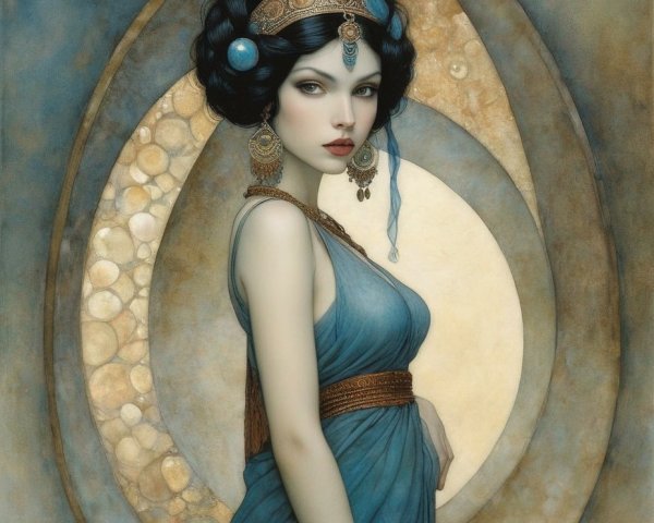 Illustrated woman in blue dress with headpiece by crescent moon.