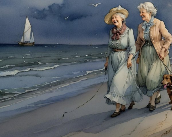 Elderly Women Walking on Beach with Dog and Sailboat