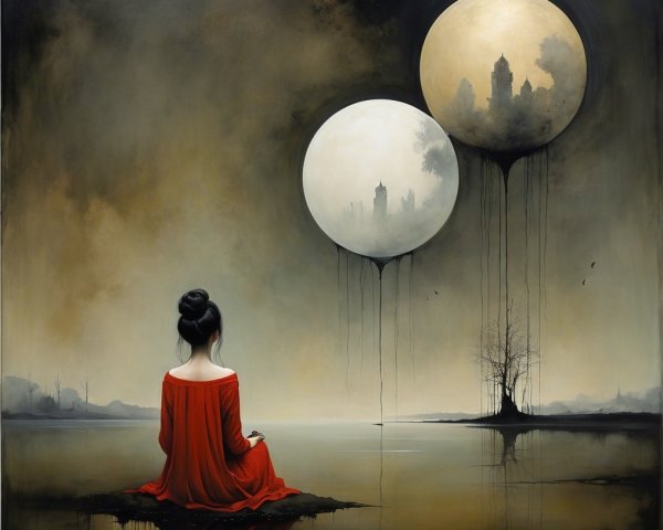 Solitary Figure in Red Dress by Serene Water and Moons