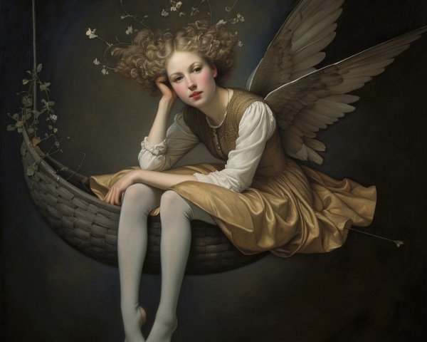 Ethereal figure with wings on a woven swing