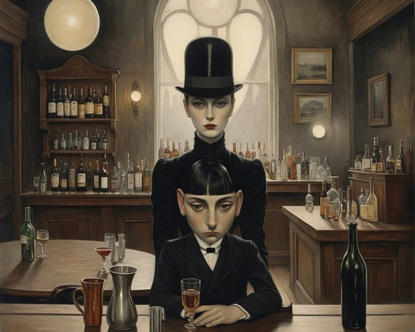 Mysterious Bar Scene with Adult and Child Figures