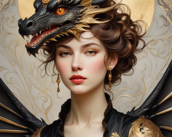 Digital artwork of fair-skinned woman with curly brown hair and dragon-inspired jewelry.