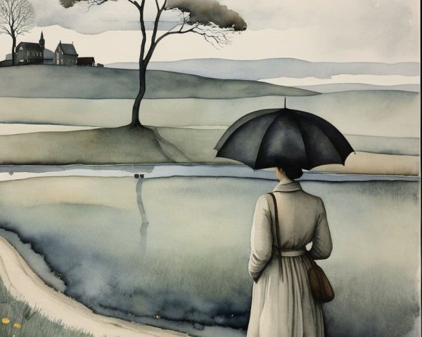 Serene Landscape with Woman by Calm Pond and Wildflowers