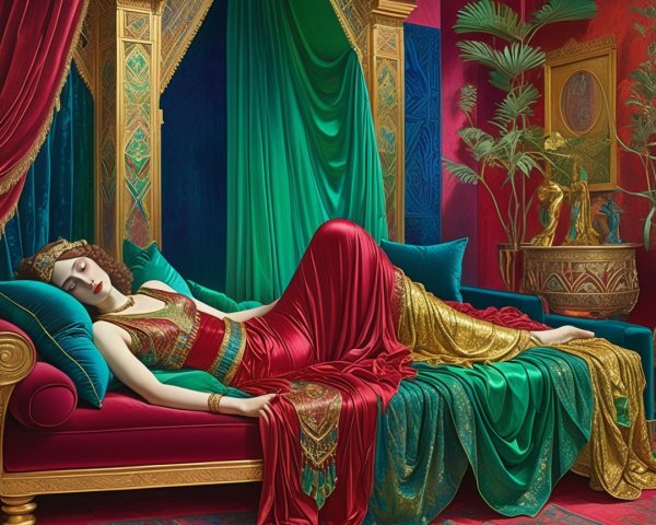 Elegant Woman on Vibrant Couch in Opulent Setting