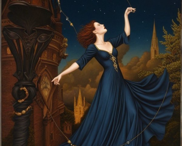Woman in Blue Gown Dancing Under Starry Night Sky