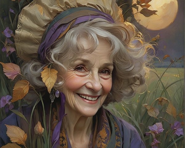 Elderly Woman in Colorful Outfit Surrounded by Flowers