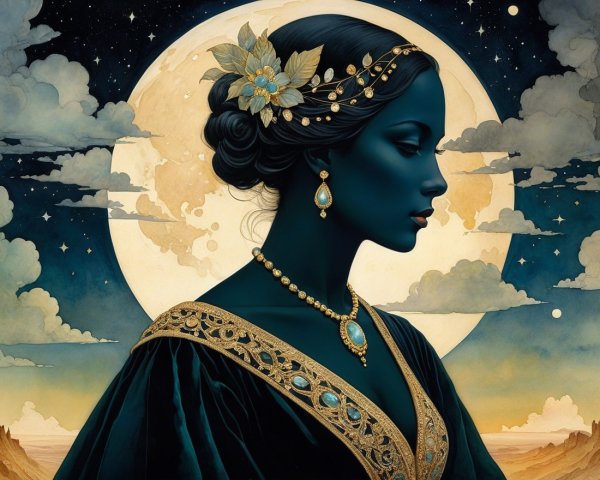 Profile of a Woman with Blue Skin and Night Sky