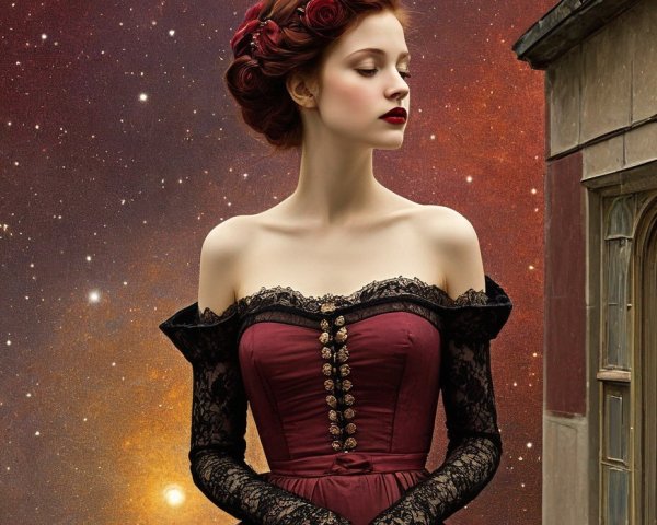 Vintage burgundy dress and updo hairstyle on woman leaning on balcony under starry sky.