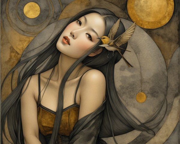 Portrait of a woman with dark hair and bird accessory
