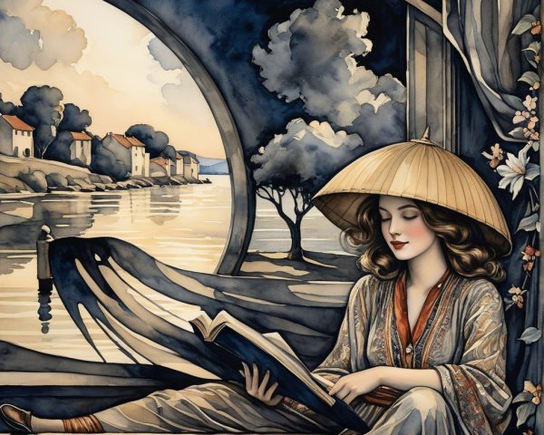 Serene Woman Reading by an Arched Window