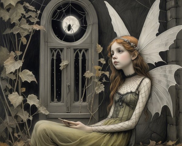 Fairy girl with wings on stone ledge by moonlit window