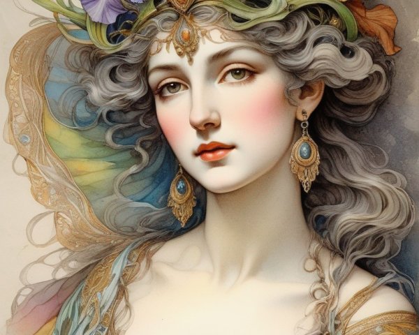 Illustration: Woman with flowing gray hair, adorned with colorful flowers, in pastel dress with jewel