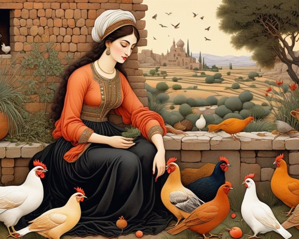 Woman in Traditional Attire Feeding Birds by Castle