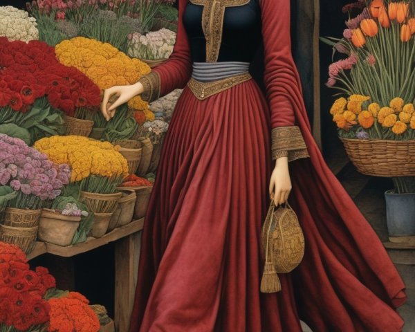 Woman in Vintage Red Dress by Colorful Tulips