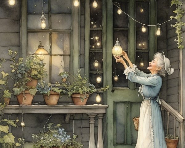 Elderly Woman with Lantern on Rustic Porch Illustration